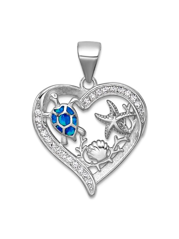 19mm 925 Sterling Silver Rhodium Plat Textured Blue Simulated Opal Cubic Zirconia Sealife Love Heart Pendant Necklace Pe