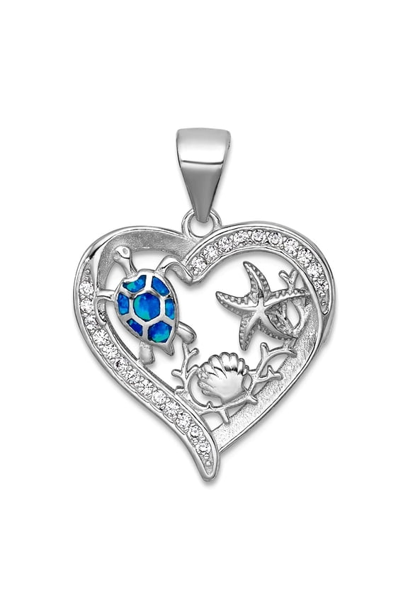 19mm 925 Sterling Silver Rhodium Plat Textured Blue Simulated Opal Cubic Zirconia Sealife Love Heart Pendant Necklace Pe