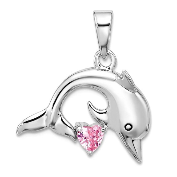 19mm 925 Sterling Silver Rhodium Plated Polished and Oxidized Pink Cubic Zirconia Dolphin Pendant Necklace Pendant for W