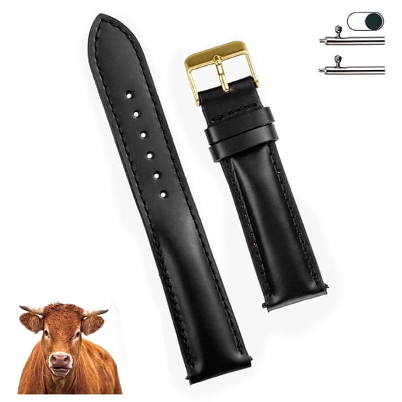 19mm Black Leather Watch Band Men Quick Release Replacement Strap Soft Handmade Wristband Stainless Steel Gold Buckle, Vintage Gift for Father's Day Dad Son Husband DH-201G-19MM
