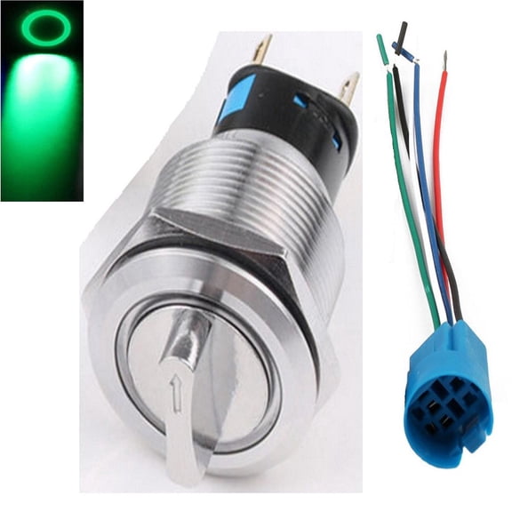 19mm Selector Rotary Switch Latching 3 Positions 2No 2Nc 12-24V with Wire Socket Green