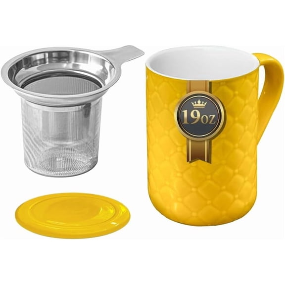 19oz Ceramic Tea Mug with Inser and Lid Loose Leaf Tea Steeper Microwave & Dishwasher Safe for Tea, Coffee, Milk, Home & Office (Yellow Embossed Porcelain Tea Cup)