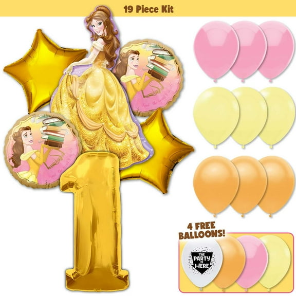 19pc Belle Beauty & the Beast Party Decorations Balloon Kit - Tale as Old As Time Golden Yellow Kids Birthday Party Supplies Decor - Includes JUMBO Gold Number 1 Age Balloon