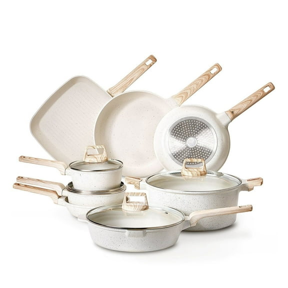 19pc Nonstick Cookware Set, Granite Pots and Pans Set, Induction Ready, Kitchen & RV Cooking Set - Frying Pans, Sauce Pans, Lids & Protectors, White