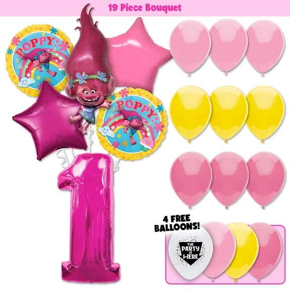 19pc Trolls Poppy Balloon Kit with 42" Hot Pink Number 1 Balloon - Troll Birthday Party for Her Decoration Supplies