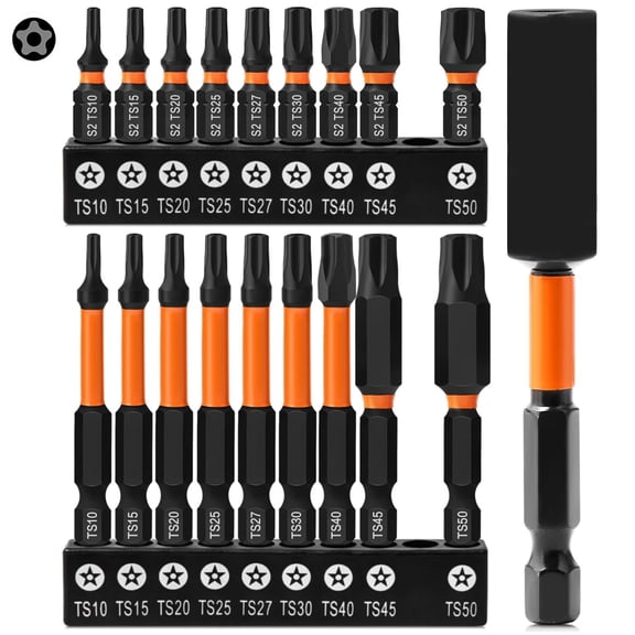 19pcs 5 Point Star Torx Bit Set, Security Tamper Proof Torx Driver Bit Set, Magnetic S2 Steel, 2.3'' & 1'' Long, T10-T50