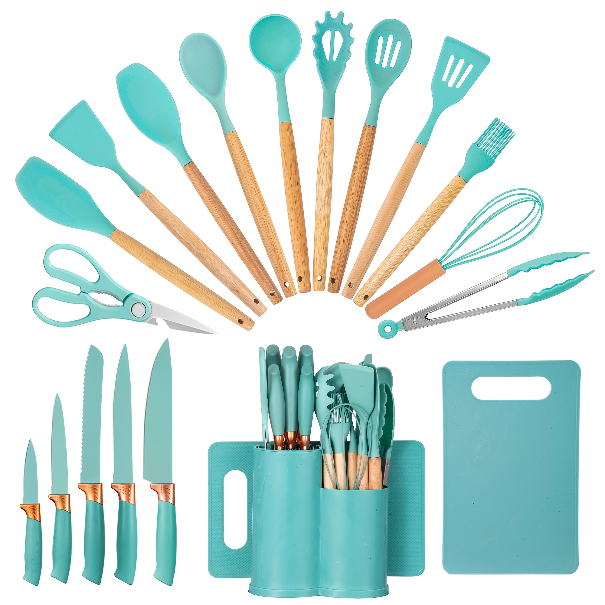 19pcs All-In-One Kitchen Knife & Utensil Set with Block | Silicone Cooking Tools & Stainless Steel Knives with Wooden Handles | Includes Cutting Board & Scissors | Ideal Housewarming & Dorm Gift