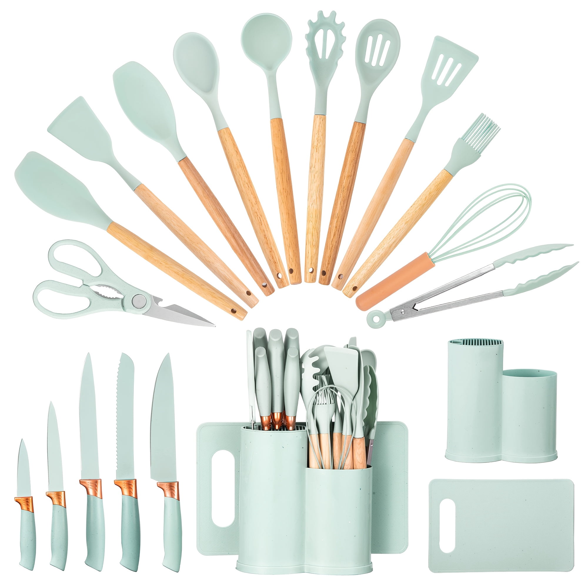 19pcs All-In-One Kitchen Knife & Utensil Set with Block | Silicone Cooking Tools & Stainless Steel Knives with Wooden Handles | Includes Cutting Board & Scissors | Ideal Housewarming & Dorm Gift