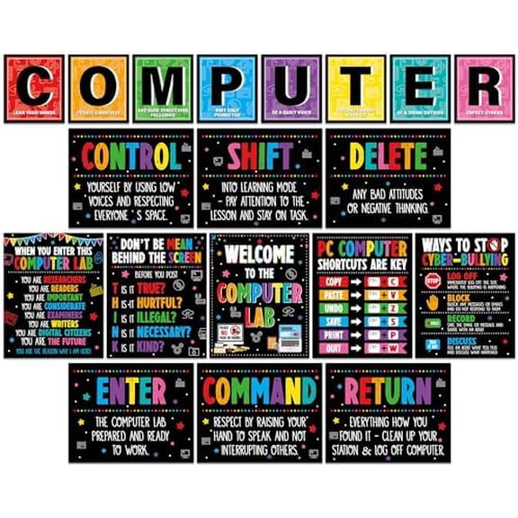 19pcs Computer Lab Poster Computer Science Posters Classroom Rules Decorations Inspirational Technology Digital Keyboard Shortcuts Education Chart PC Decor Wall Art Back to School Teacher Supplies