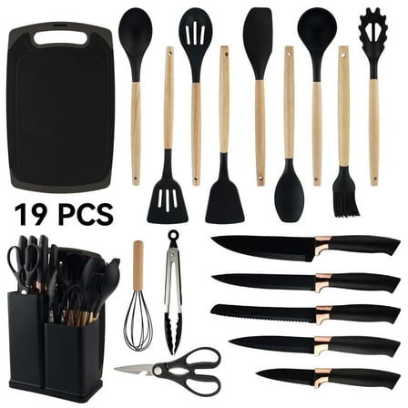 19pcs Cooking Utensils Set, Kitchen Set Utensils Set with 11 Pieces Spatula Cooking Utensils,Heat Resistant Silicone Utensils 5 Piece Sharp Knife Set 1 Scissors and 1 Utensil Cutting Board Black