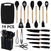 19pcs Cooking Utensils Set, Kitchen Set Utensils Set with 11 Pieces Spatula Cooking Utensils,Heat Resistant Silicone Utensils 5 Piece Sharp Knife Set 1 Scissors and 1 Utensil Cutting Board Black