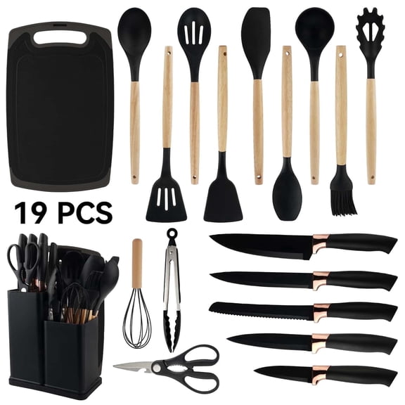 19pcs Cooking Utensils Set, Kitchen Set Utensils Set with 11 Pieces Spatula Cooking Utensils,Heat Resistant Silicone Utensils 5 Piece Sharp Knife Set 1 Scissors and 1 Utensil Cutting Board Black