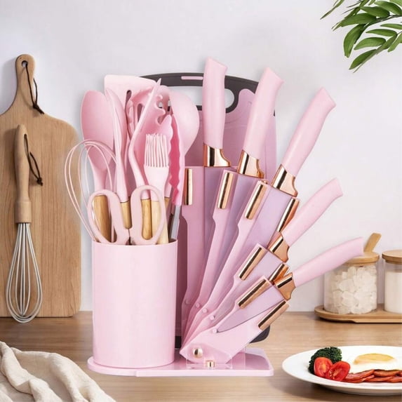 19pcs Kitchen Utensil & Knife Set – Midnight Gold Edition, Luxury Non-Stick Kitchen Utensil Set,Pink