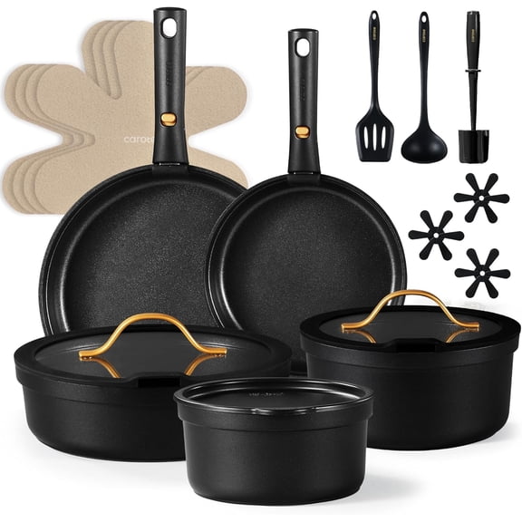19pcs Nonstick Stackable Cookware Set with Removable Handles Dishwasher Oven and Induction Safe Black