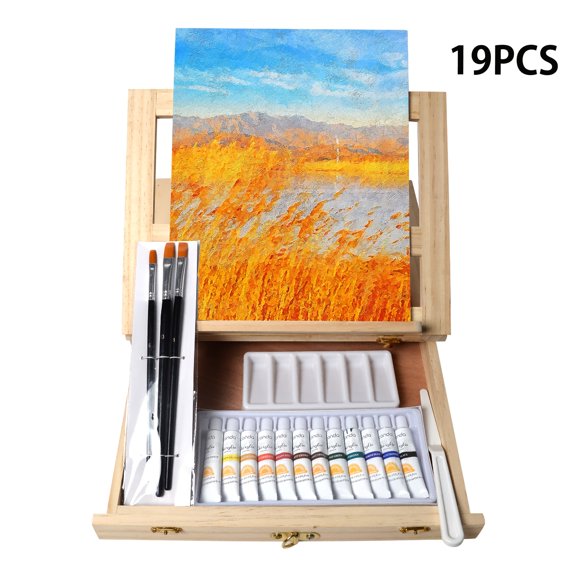 19pcs Painting Table Easel Set, Wooden Mixed Media Art Set Easel Kit Includes Tabletop Easel, Acrylic Paints, Brushes, Canvas Panel, Art Supplies