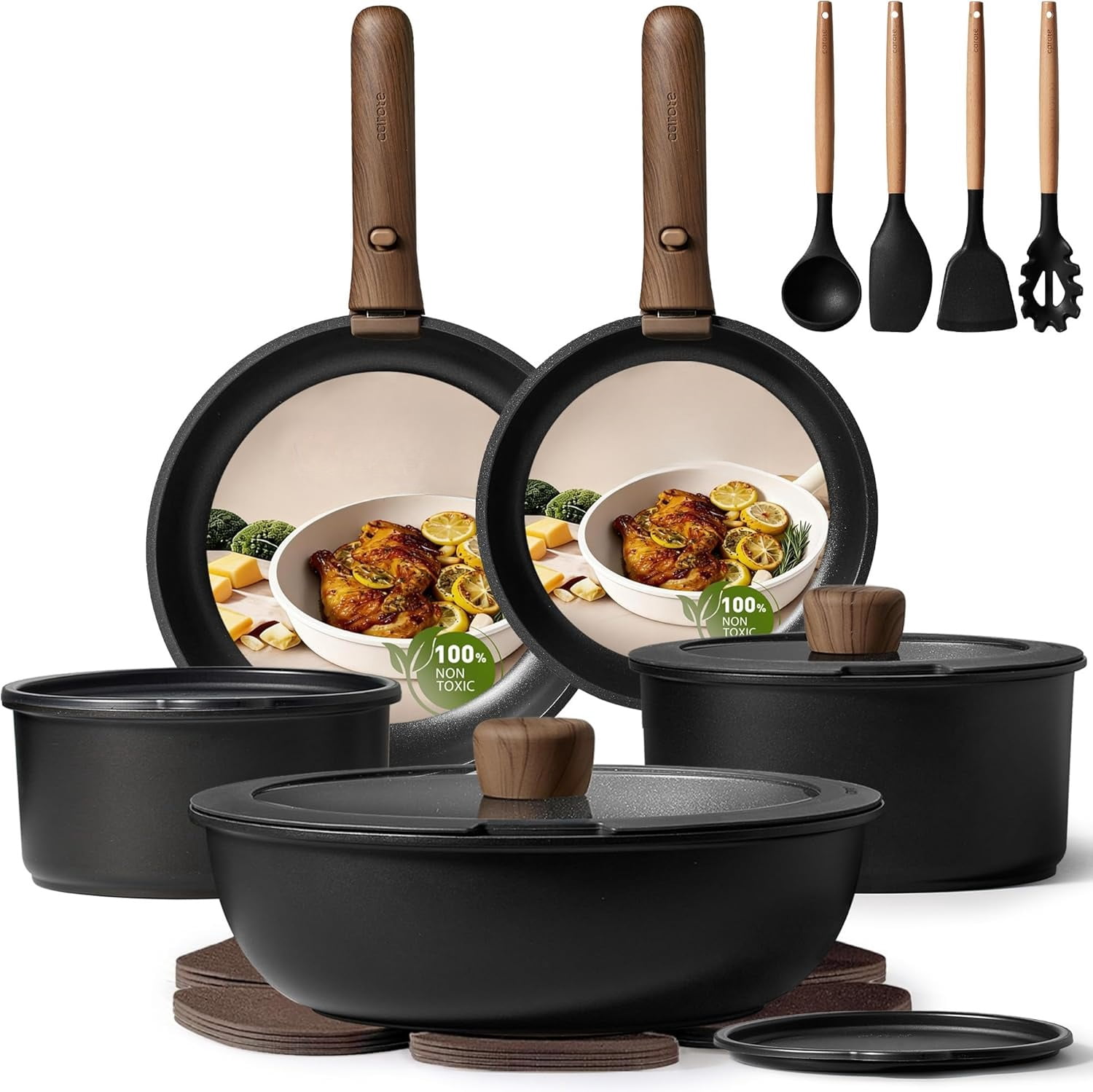 19pcs Pots and Pans Non Stick, Cookware Sets Detachable Handle ...