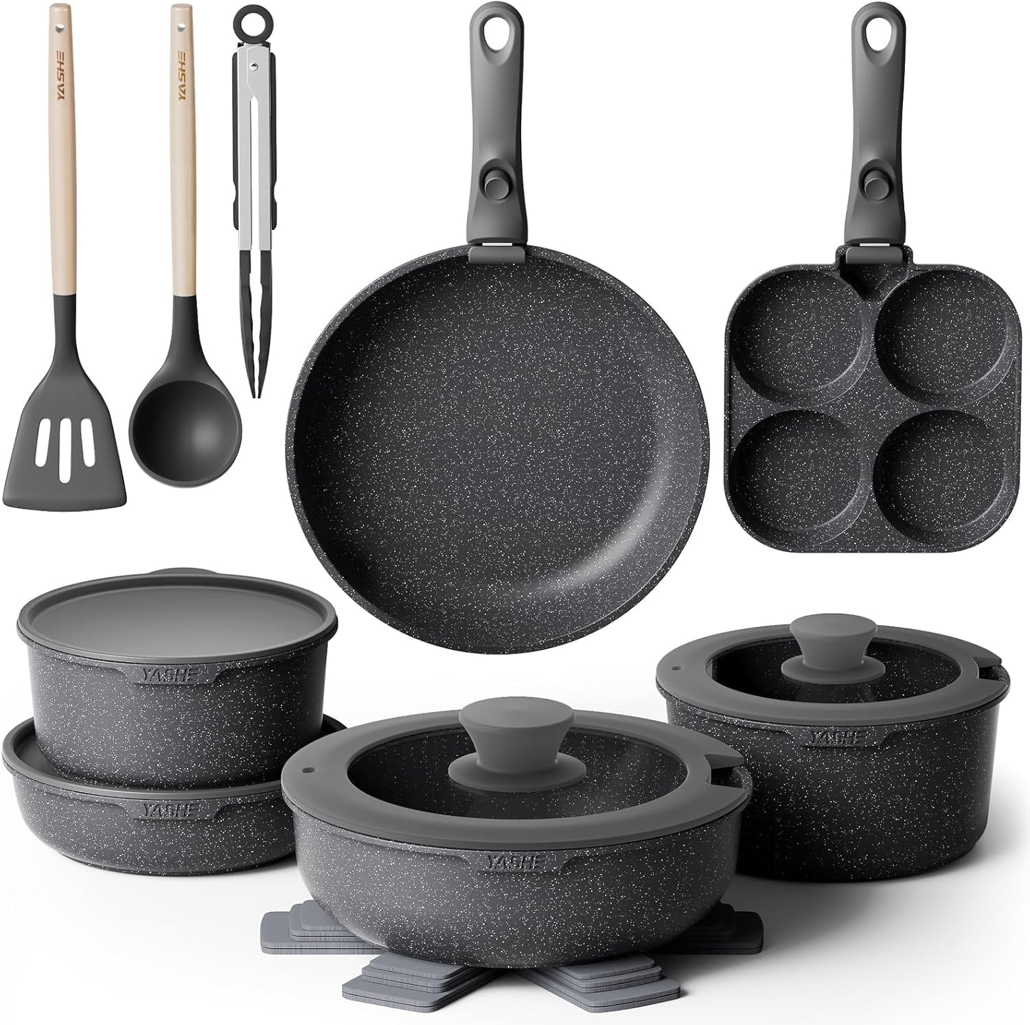 YASHE 20 Piece Non-Stick Cookware Set with Removable Handles, Stackable Granite Pots and Pans with Lids, Fridge Covers, Utensils, Oven-Safe, Compatible with Induction, Gas & Electric Hobs - Walmart.com
