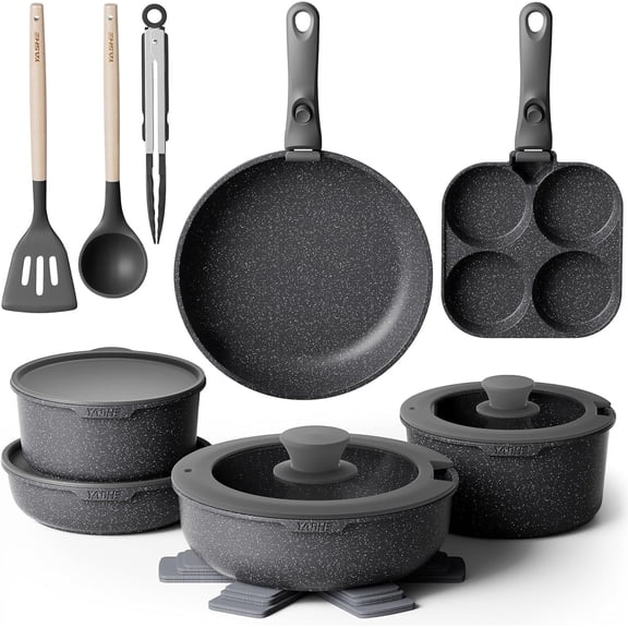 YASHE 20 Piece Nonstick Cookware Set with Detachable Handles, Stackable Granite Pots and Pans for RV & Small Kitchen, Oven Safe, Induction Compatible, Includes Fridge Storage Lids & Utensils