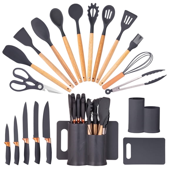 HEESEM 19pcs Silicone Kitchen Utensil Set, Heat-Resistant Non-Stick Easy Cooking Cleaning, Gray