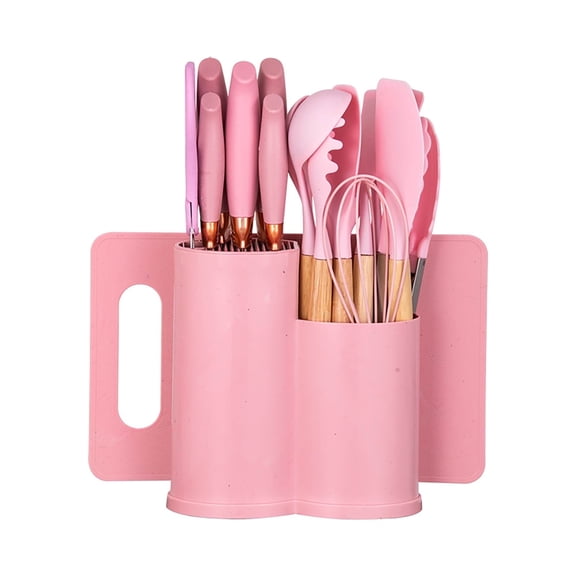 HEESEM 19pcs Silicone Kitchen Utensil Set, Heat-Resistant Non-Stick Easy Cooking Cleaning, Pink