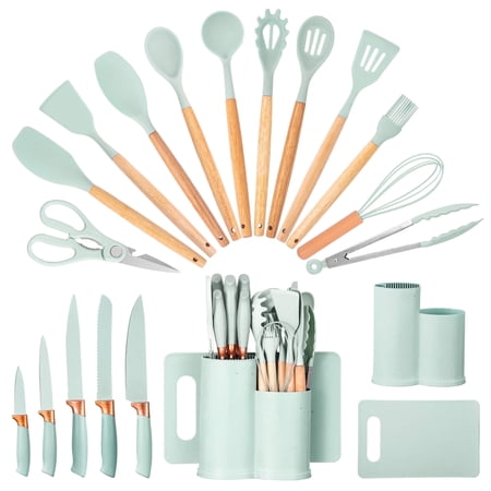 HEESEM 19pcs Silicone Kitchen Utensil Set, Heat-Resistant Non-Stick Easy Cooking Cleaning Home Light-Green