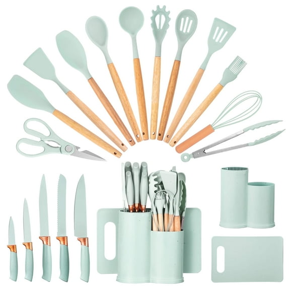 HEESEM 19pcs Silicone Kitchen Utensil Set, Heat-Resistant Non-Stick Easy Cooking Cleaning Home Light-Green