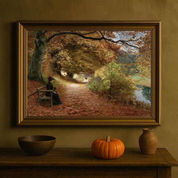 19th Century Autumn Park Scene Romantic Fall Decor Unframed Paper Print