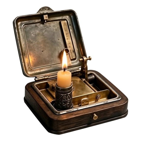19th Century Victorian Mechanical Candle Box, Brass Wind-Up Pocket Lighter, Retro Flame Igniter with Riser