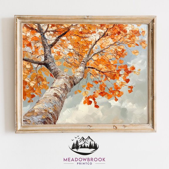 19th Century Women Cottage Garden Flowers Botanical Art Upward View Autumn Maple Tree Canopy Vibrant Fall Art, UNFRAMED Size 30x30