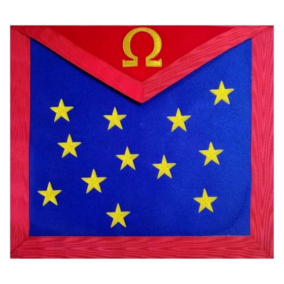 19th Degree Scottish Rite Apron - White with Golden Stars, Omega Symbol, and Gold-Plated Snake Fitting