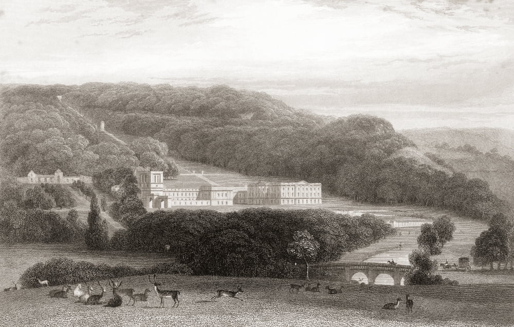 19th century view of Chatsworth House Derbyshire England From Churtons Portrait and Lanscape Gallery published 1836 Canvas Art - Ken Welsh Design Pics (34 x 22)