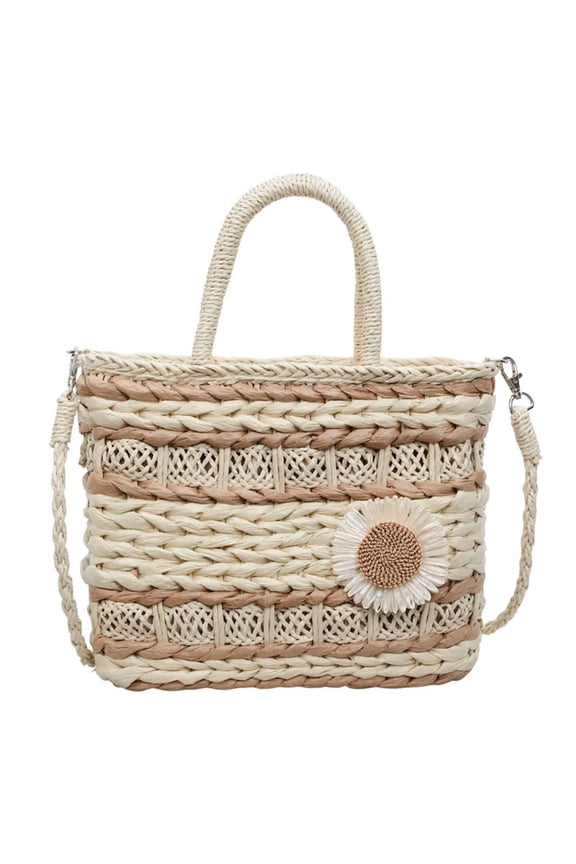 19x13 Inch Sunflower Straw Tote Bag, Hollow Weave Shoulder Purse, Detachable Strap Handbag for Vacation, Beach Trip and Outdoor Travel