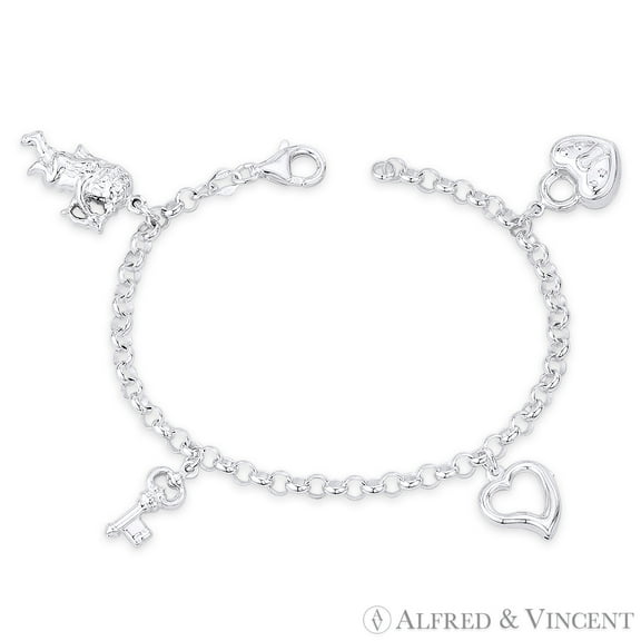 19x13mm Angel, 15x8mm Key, 13x13mm Heart, & 15x13mm Heart Lock on 4mm Rolo Chain Italian Charm Bracelet in .925 Sterling Silver