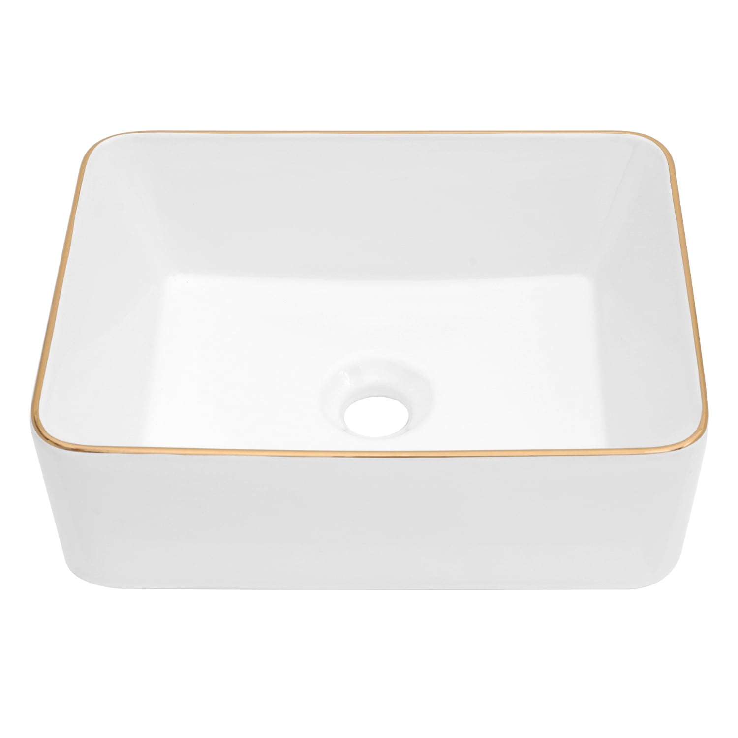 19x15 Inch White Ceramic Rectangular Vessel Bathroom Sink with Gold Trim