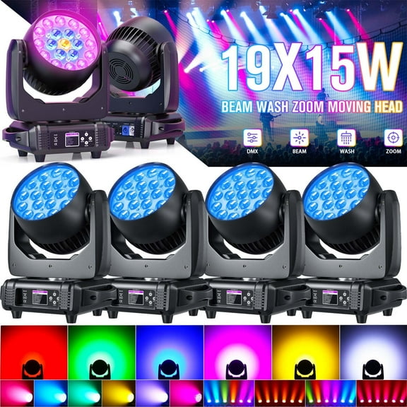 19x15W RGBW Wash Zoom Beam Moving Head Spotlight LED Stage Light DMX DJ Party Show Wedding - 4 Pack