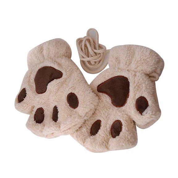 Warm Plush Cat and Dog Paw Short Fingerless Gloves 19x16cm Half Finger Mittens with Rope in Beige