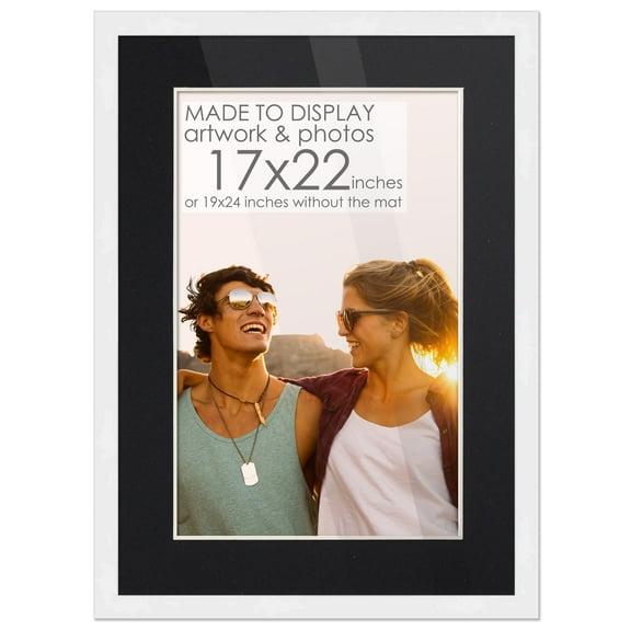 19x24 White Picture Frame with 16.5x21.5 Black Mat Opening for 17x22 Image, 0.75 Inch Border, UV