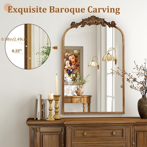 19x31in Elegant Golden Wall Mirror: Vintage Hollywood Regency Style for Bathroom Vanity & Bedroom Aesthetic, Modern Home Decor & Glam Gift Idea for Spring/Summer Makeover