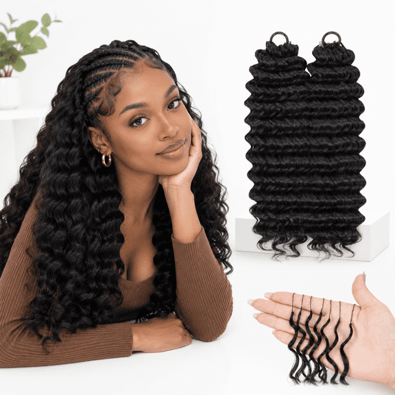 1B 14 Inch-100 Roots Deep Wave Synthetic Crochet Hair Extensions for Braiding