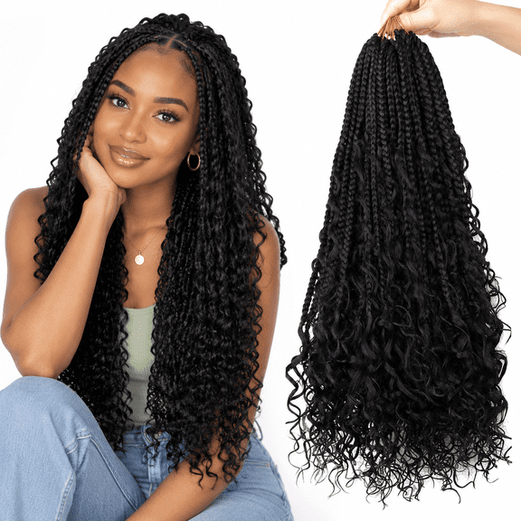 1B 18 Inch 8-Pack Pre-Looped Boho Box Braid Crochet Hair Extensions with Curly Ends