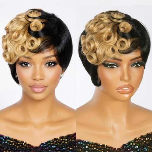 1B/27# Pixie Cut Wig Human Hair Glueless Full Machine Made Big Wavy Bob Wig Ombre Color Short Pixie Wigs For Black Women Layered Brazilian Wigs Human Hair With Bangs For Daily Use 6Inch
