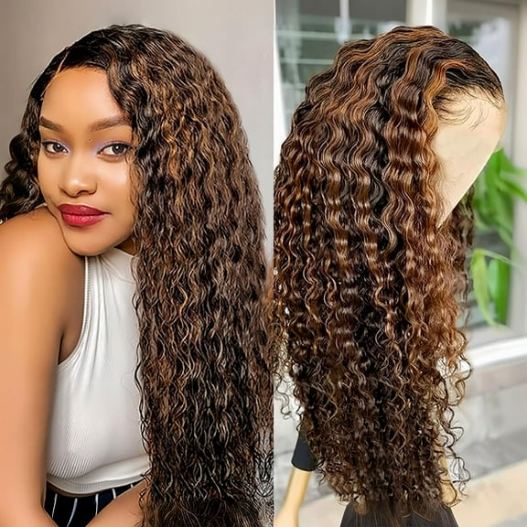 1B/30 Deep Wave Lace Front Wigs Human Hair Pre Plucked Balayage Ombre Brown Curly Lace Front Wig Human Hair 5X5 HD Lace Frontal Glueless Wigs for Women 180% Density