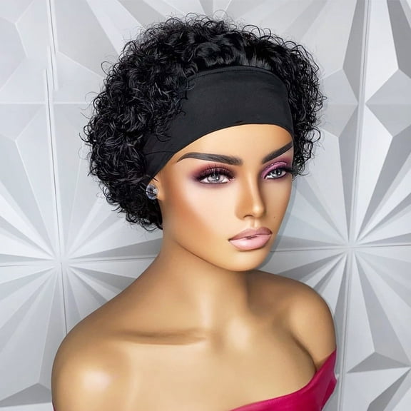 #1B Headband Wig Pixie Cut Curly Headband Wig Human Hair Glueless Pixie Wigs Curly Headband Wigs for Black Women Human Hair Brazilian Virgin Short Curly Human Hair Wigs