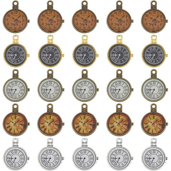 1BOX 30PCS Enamel Clock Face Charms Vintage Clock Charms Metal Alloy Silver Golden Bronze Steampunk Punk Alarm Time Charms Bulk Charms Diy Earrings Bracelet Necklace Craft