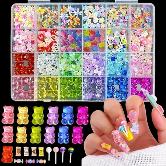 1BOX 3D Candy Nail Charms Assorted Lollipop Gummy Bear Donuts Charms for Nails Cute Colorful Acrylic Heart Star Nail Accessories for DIY Nail Art Design Crafts with Pickup Tools