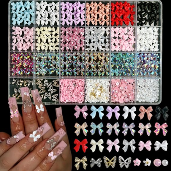 1BOX Mixed Color Variety Bows Nail Charms and Flatback Pearls Set 18 Colors Cute Shiny Bow Charm Nail Jewels and  Pink and White Nail Pearls and Flowers for Nail Art DIY Decoration with Pickup Tools