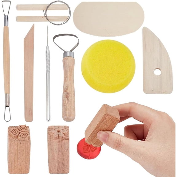 1Bag 1 Set Clay Craft Tool Kits including Sculpture Tool Wire Cutter Scraper Hole Punch Awl Dust Cleaning Sponge with 2Pcs Wooden Stamps Mixed Color 50~465mm