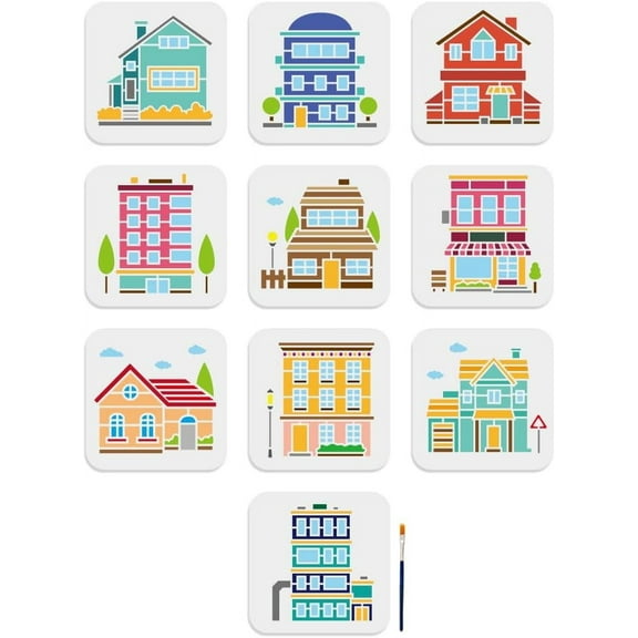 1Bag 1 Set PET Hollow Out Drawing Painting Stencils for DIY Scrapbook Photo Album House with 1Pc Art Paint Brushes House Painting Stencils: 150x150mm 10pcs/set