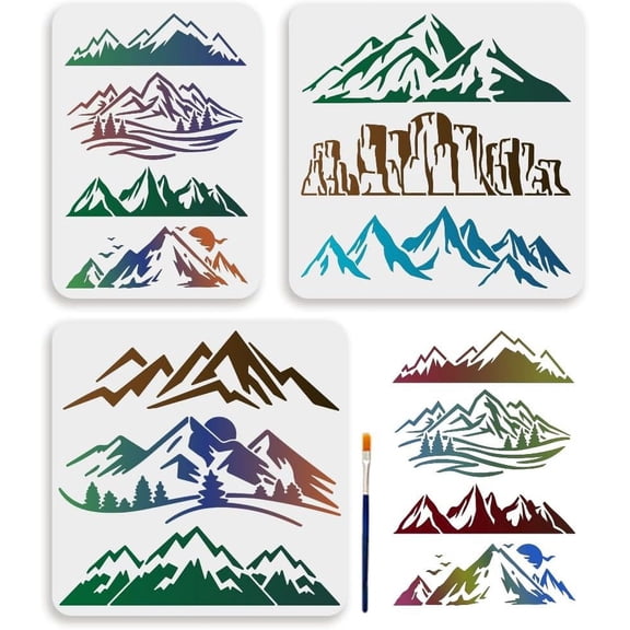 1Bag 10 Styles Mountain Stencils 11.78.3/11.811.8inch Mountain Tree Stencil with Paint Brush Nature Bird Sunset Mountain Template for Wood Wall Canvas Furniture Window DIY Craft