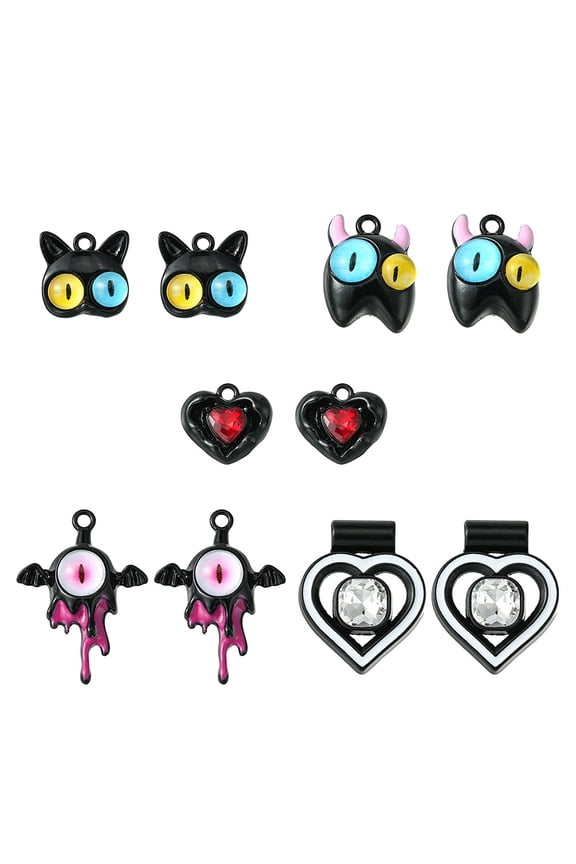 1Bag 10Pcs 5 Styles Alloy Enamel Pendants with Glass Devil Cat & Heart & Wing Charms Black 14.5~31x15~27x5~9mm Hole: 1.8~4mm 2Pcs/style